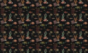 A07-black-vintage-painting-aquarium-fish-repeat-pattern-wallpaper