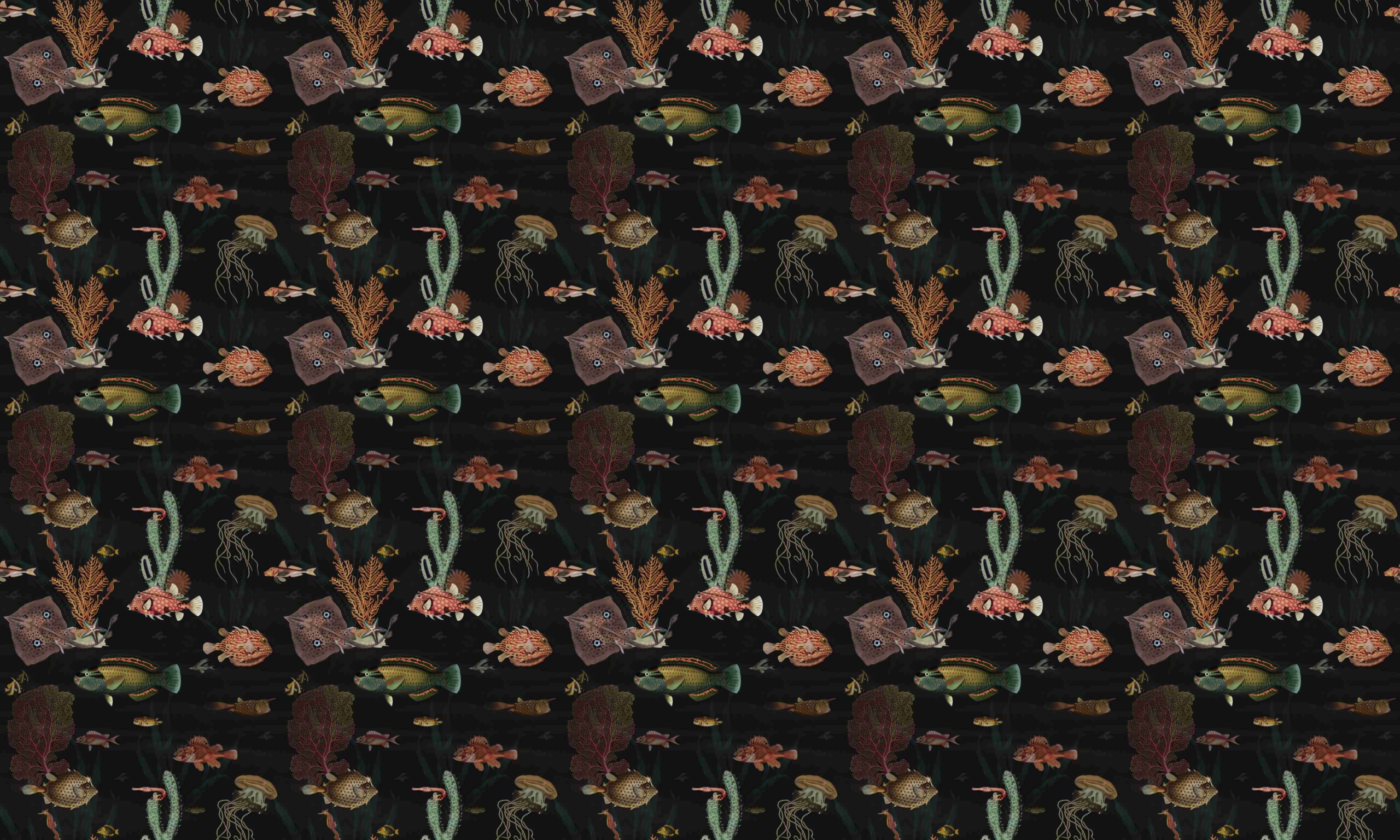 A07-black-vintage-painting-aquarium-fish-repeat-pattern-wallpaper