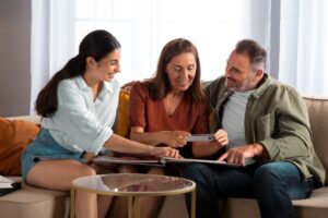 front-view-happy-family-looking-picture-album