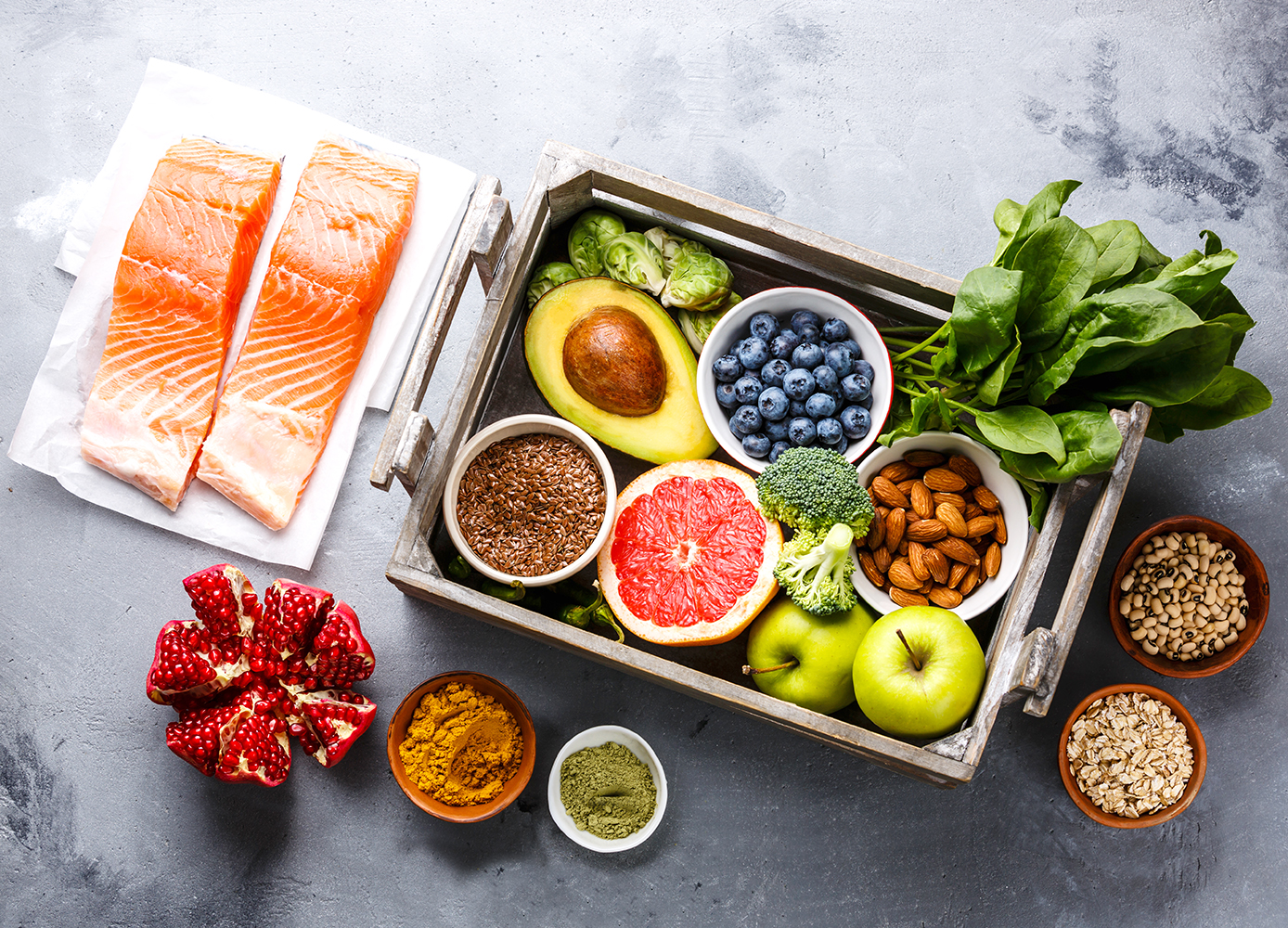 Healthy food clean eating selection in wooden box