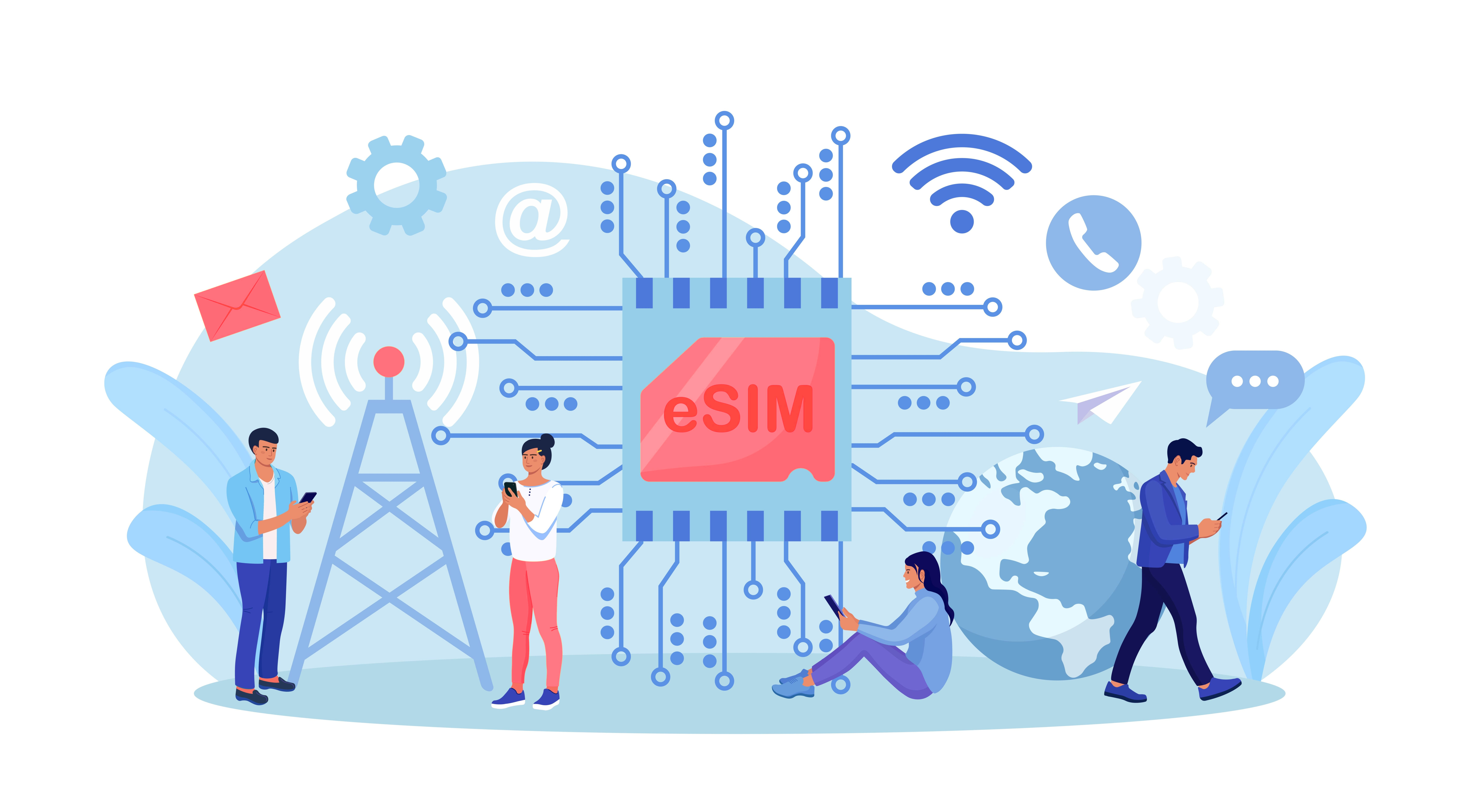 Embedded sim card on microcircuit. Young people use modern mobile phone with eSIM card chip. Smartphone without classical sim card. New digital technology. Cellphone with integrated circuit card