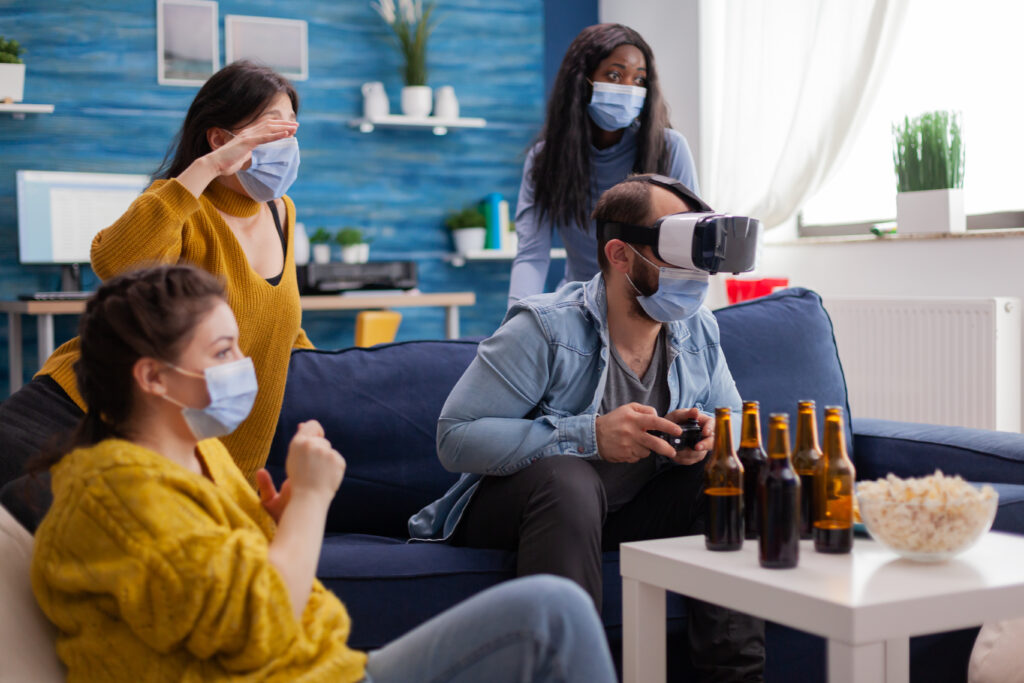 Woman experiencing virtual reality playing video games