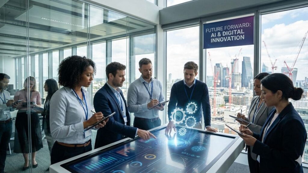 AI business concept showing smart automation and data analytics in a modern company environment