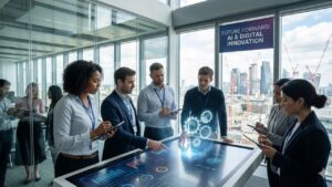 AI business concept showing smart automation and data analytics in a modern company environment