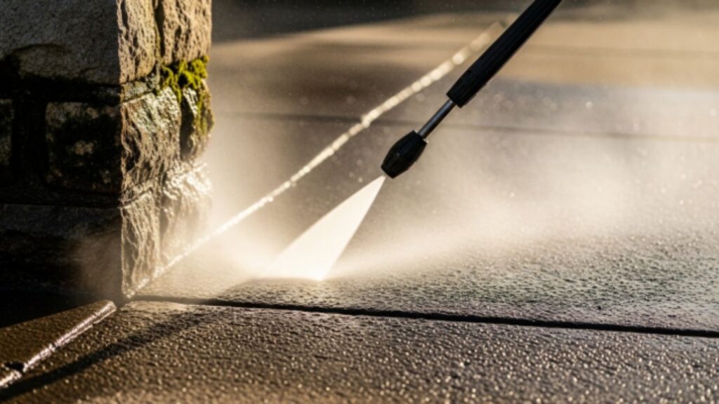 Concrete and stone cleaning with high pressure nozzle washing stained stone surface