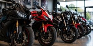 Motorcycle owner preparing to sell a bike at a motorcycle dealer after cleaning and organizing paperwork.