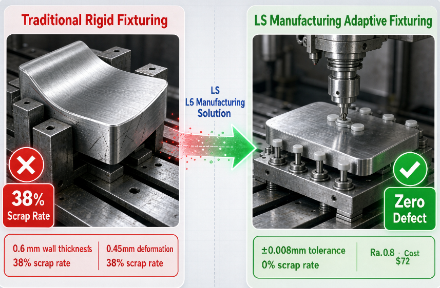 Image demonstrating the comparison of the deformed thin-wall aluminum part that has resulted in 38% scrap with traditional rigid fixturing on the left side and the well-machined thin-wall aluminum part with adaptive vacuum fixturing on the right.
