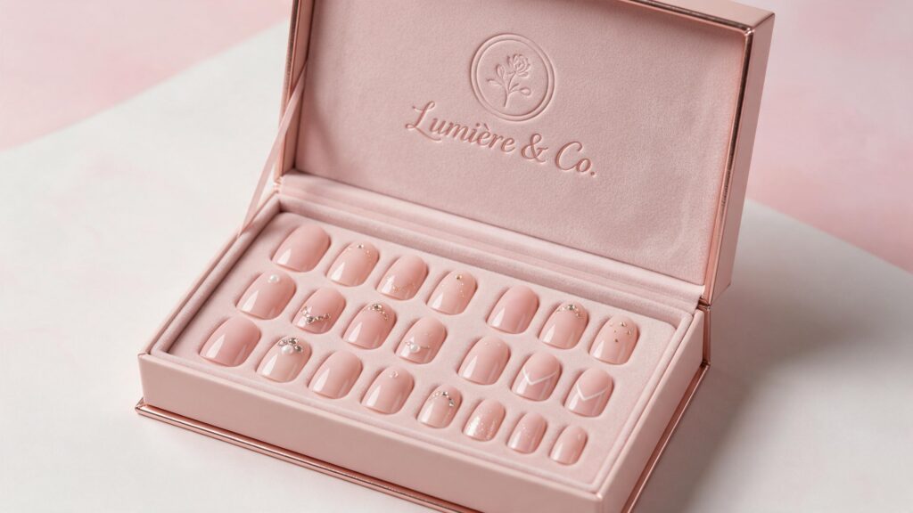 Premium press-on nail brand packaging displaying perfectly protected nails