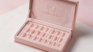 Premium press-on nail brand packaging displaying perfectly protected nails