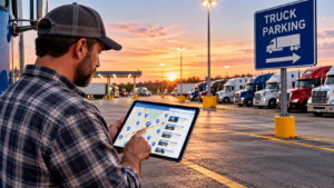 Truck Driver Maps Parking at Sunset