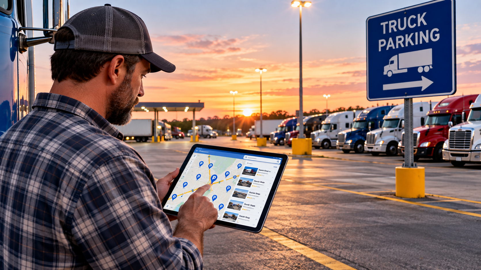 Truck Driver Maps Parking at Sunset
